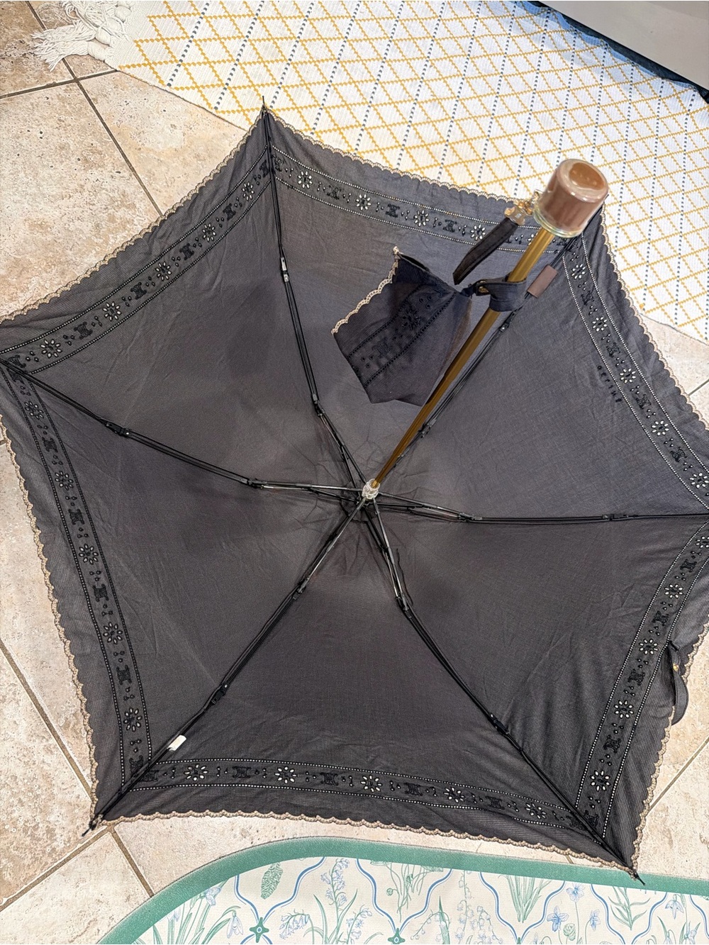 Celine Black Compact Umbrella with Gold Lace Trim - Picture 8 of 14